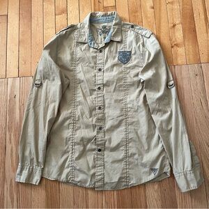 Y2K Guess Shirt Womens Medium Beige Khaki Long Sleeve Casual Button Down Preppy
